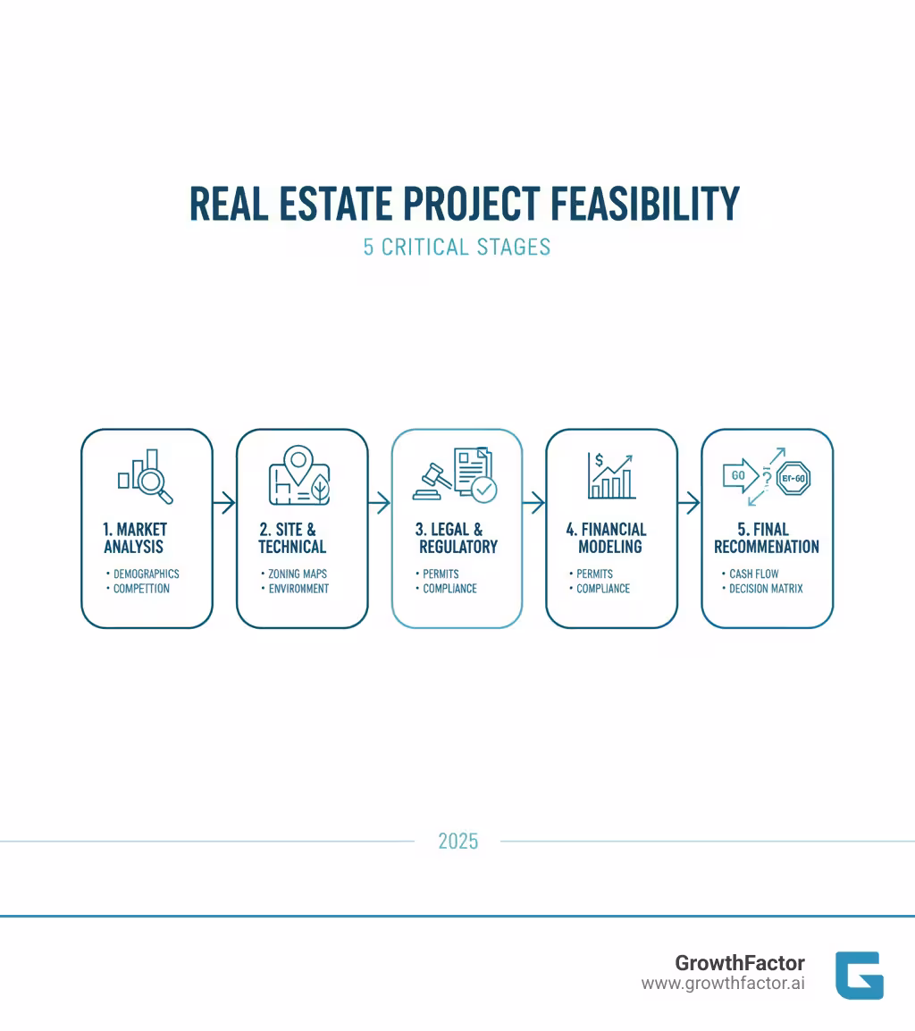 Comprehensive infographic showing the 5 critical stages of real estate project feasibility: Stage 1 Market Analysis with demographic data and competitor mapping, Stage 2 Site & Technical Review showing zoning maps and environmental assessments, Stage 3 Legal & Regulatory Check with permits and compliance documentation, Stage 4 Financial Modeling displaying cash flow projections and ROI calculations, Stage 5 Final Recommendation with go/no-go decision matrix - real estate project feasibility infographic 
