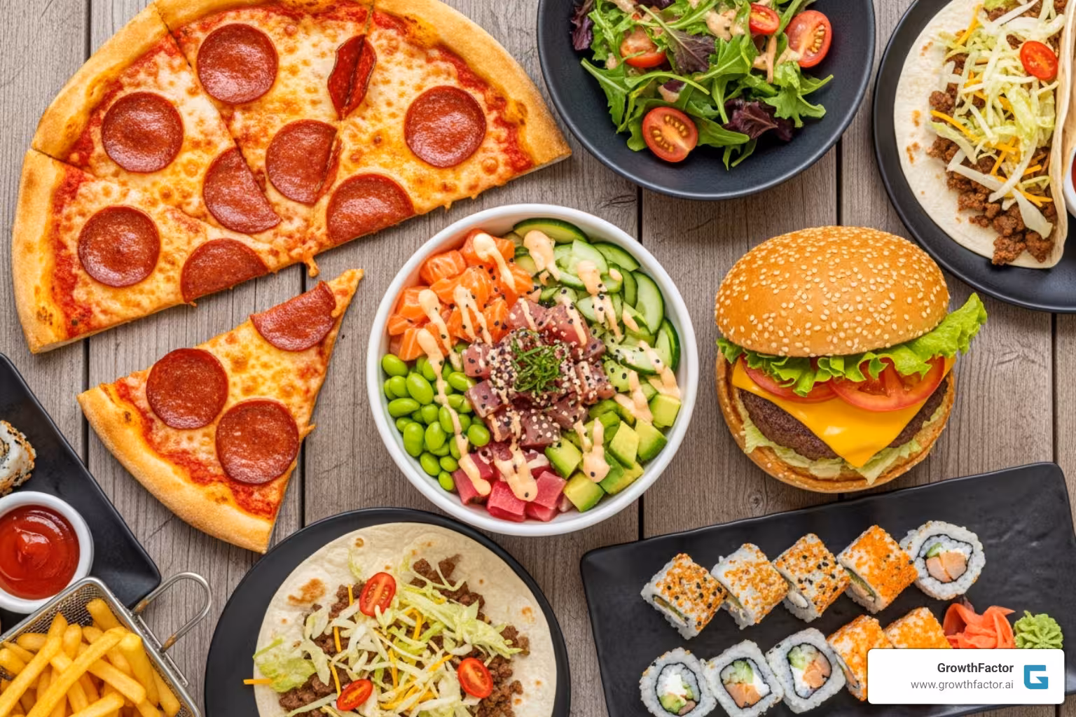 diverse food collage showing pizza, poke bowls, and burgers - restaurant franchise opportunities