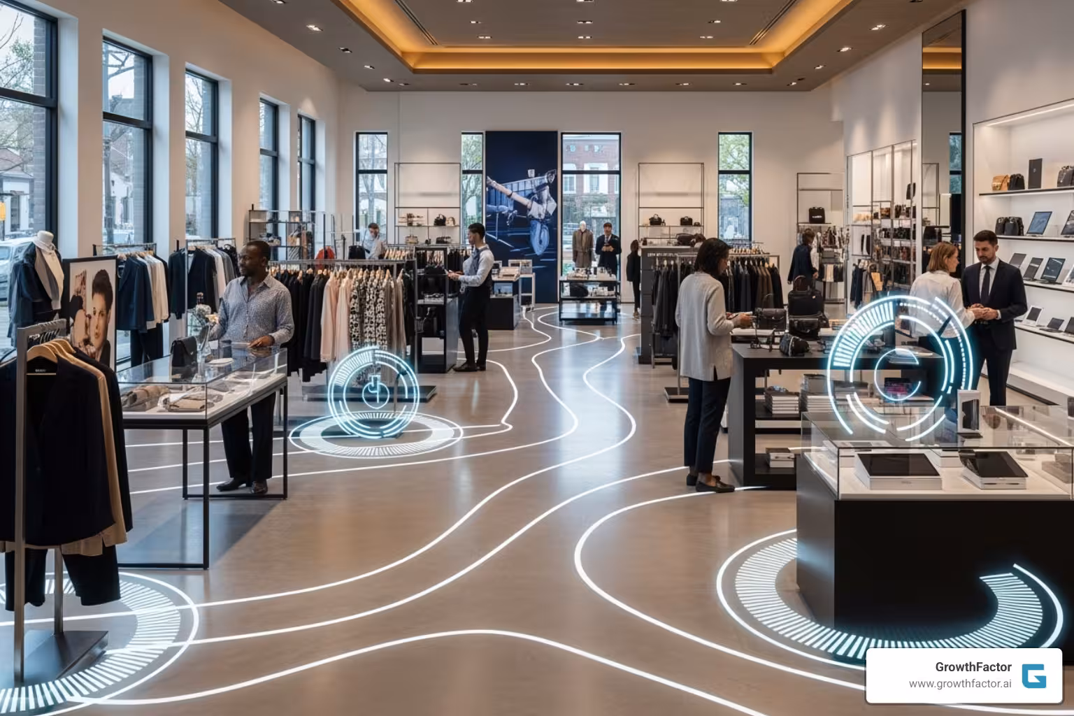 modern retail store interior with data overlays showing foot traffic and sales hotspots - Retail analytics platform