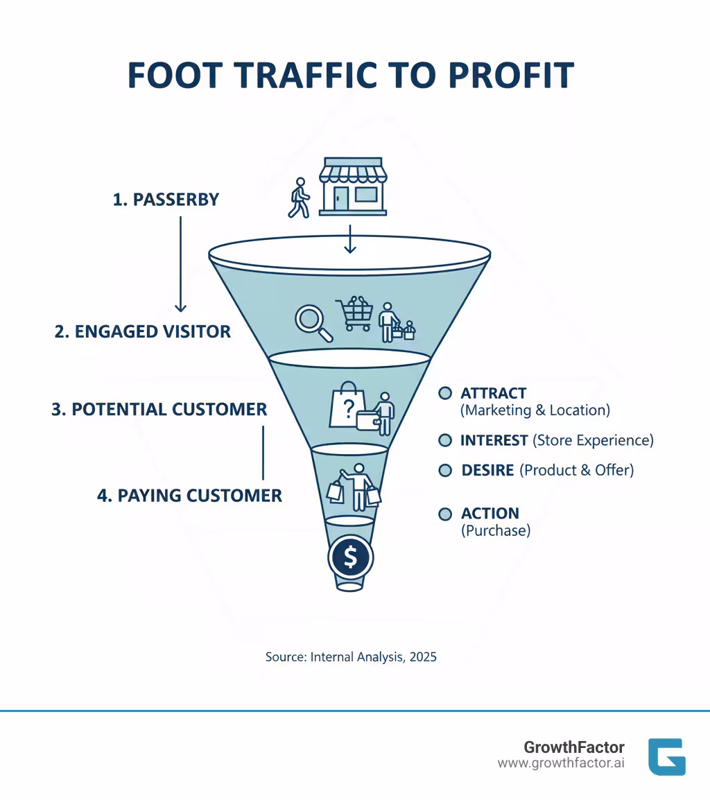 Infographic explaining the funnel from passerby to paying customer - Retail foot traffic infographic 