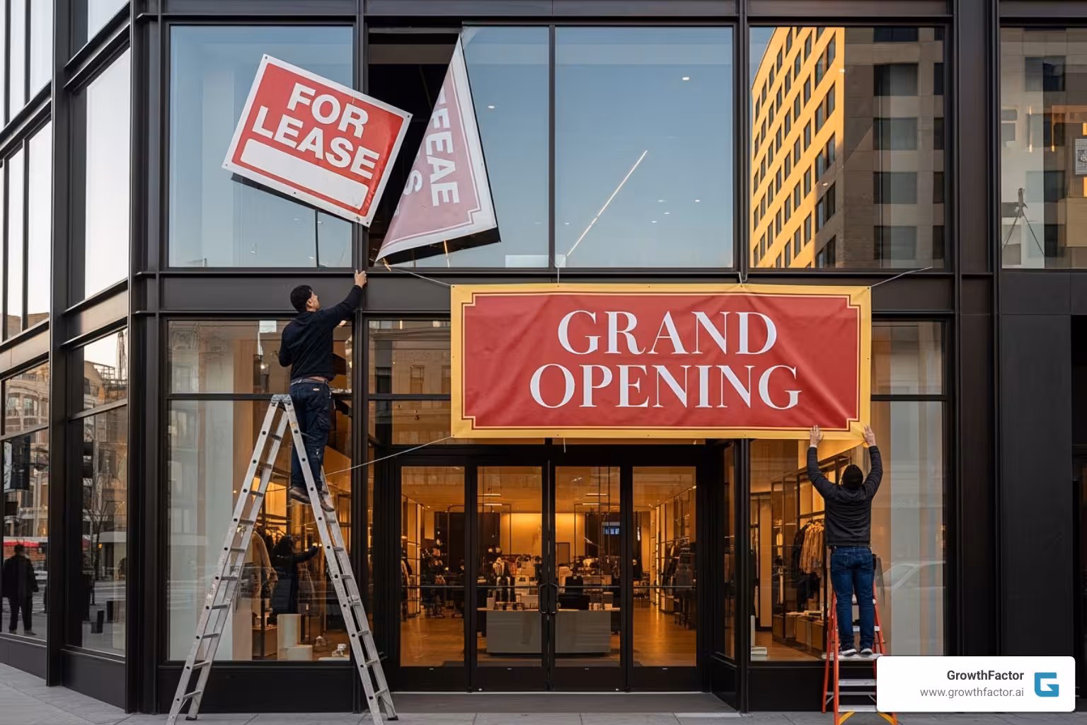 A "For Lease" sign is being replaced by a vibrant "Grand Opening" banner outside a modern, inviting retail storefront, symbolizing new beginnings and successful site selection. - retail location analysis