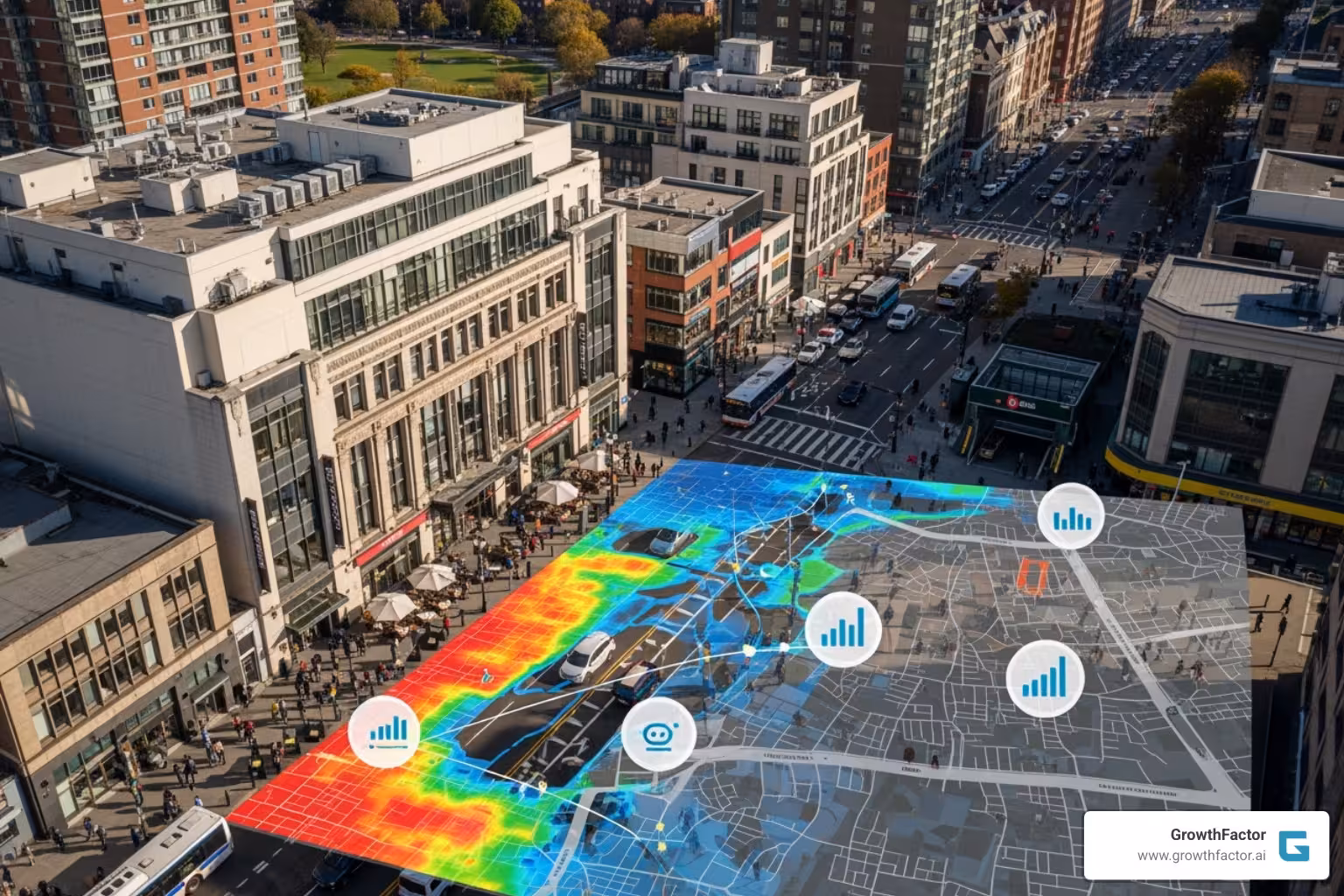 An AI agent interface displayed on a tablet, showing a map with various colored overlays indicating site recommendations, demographic data, and competitor analysis results, with a hand interacting with the screen. - retail location analysis
