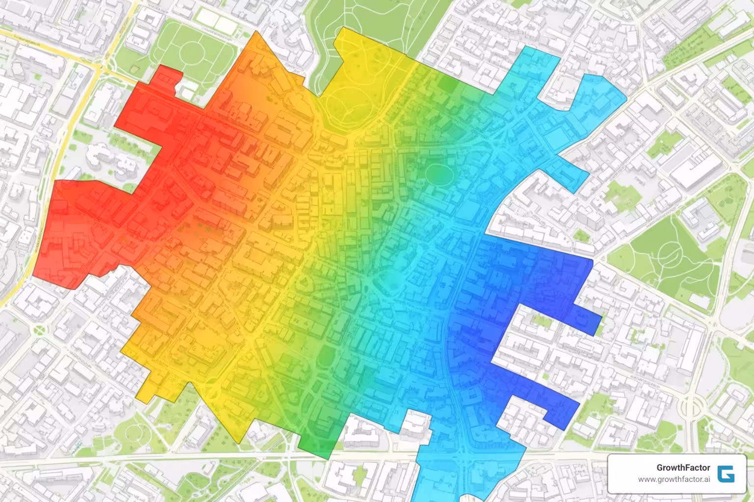 A predictive sales forecast map for a potential retail site, showing heat zones of high and low potential. - retail site selection analysis