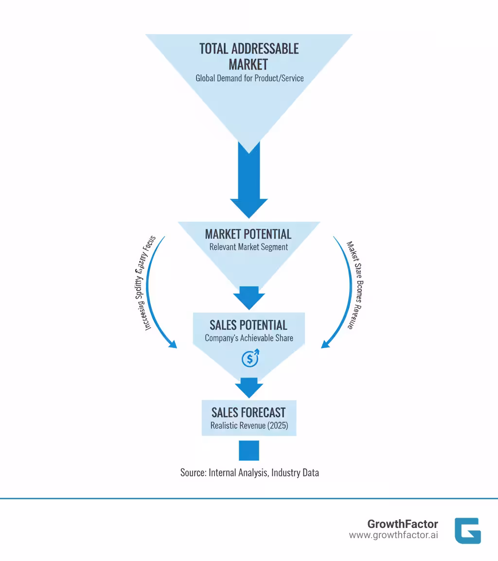 infographic showing the hierarchy of market analysis: Total Addressable Market at the top, flowing down to Market Potential, then Sales Potential, and finally Sales Forecast at the bottom, with each level becoming more specific to your company's realistic achievable revenue - Sales potential analysis infographic 