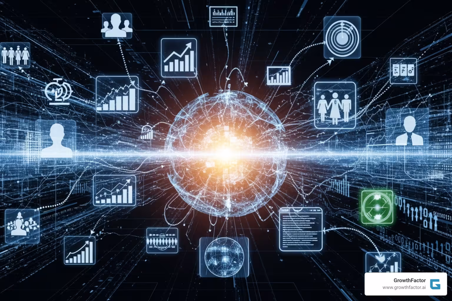 image of various data source icons (demographics, economic data, data feeds) feeding into a central analysis hub - Sales potential analysis