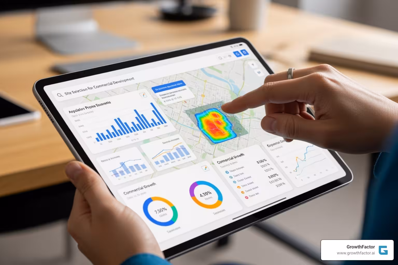 A user interacting with an AI-powered real estate analytics platform on a tablet, showcasing modern site selection tools - site selection analysis