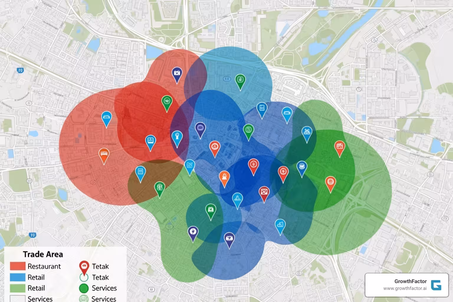 competitive map showing market locations and trade areas - site selection and analysis