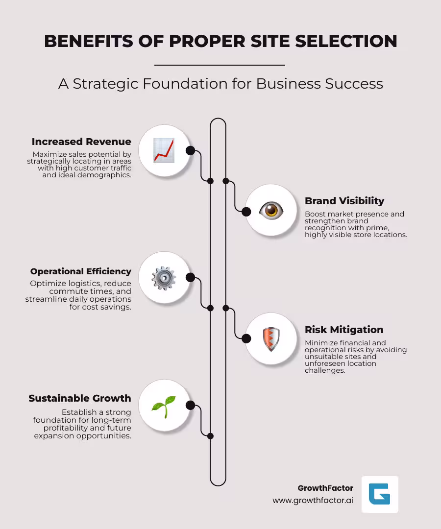 Infographic explaining the high-level benefits of proper site selection: increased revenue, brand visibility, operational efficiency, and risk mitigation. - site selection and analysis infographic infographic-line-5-steps-neat_beige