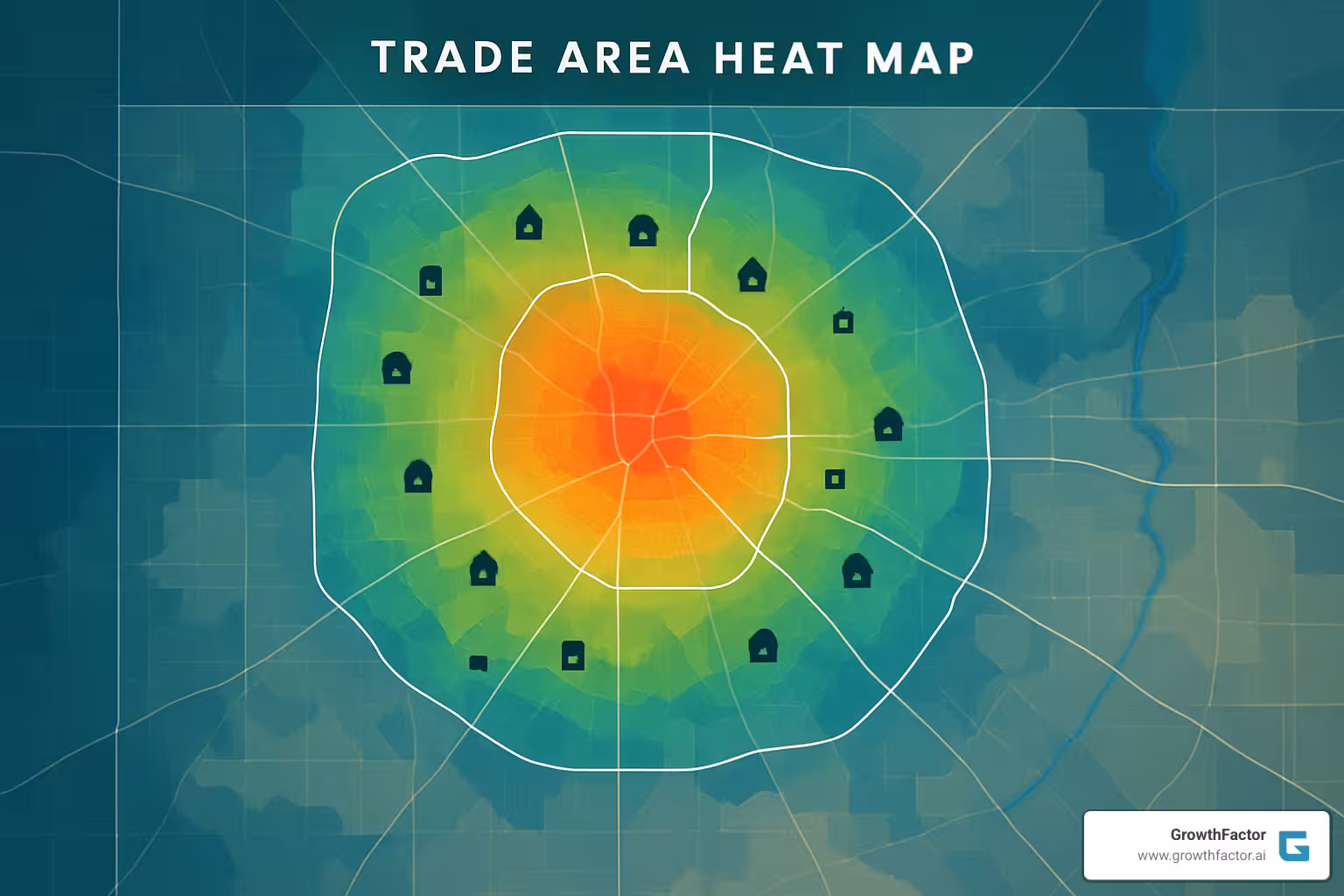 Trade area heat map showing customer density, competitor locations, and catchment boundaries with demographic overlays - site selection data
