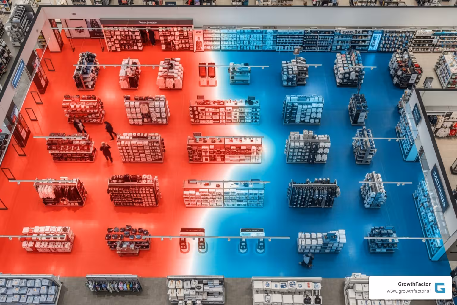 Image of an in-store heat map showing customer dwell times in different aisles and product displays - store location analytics