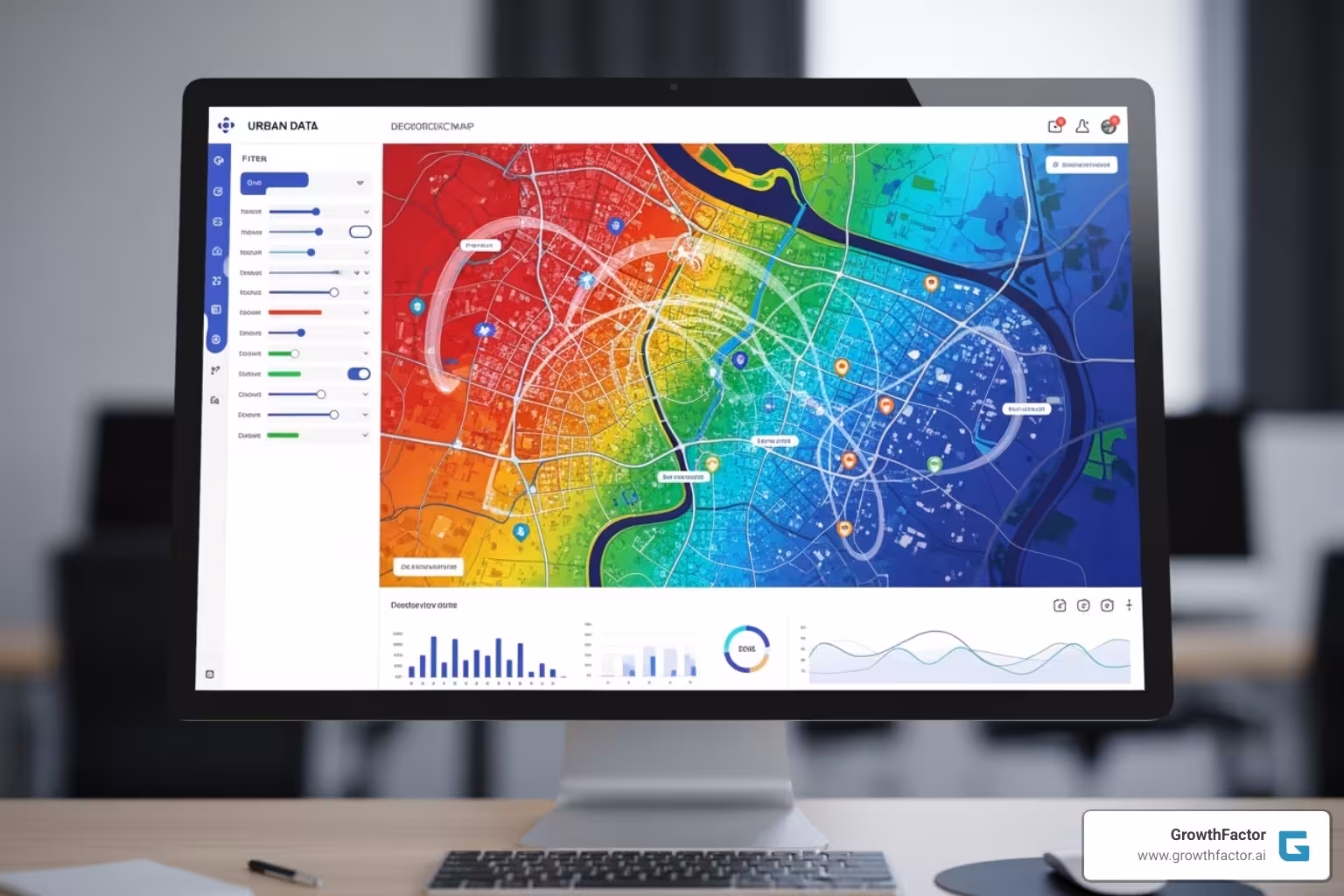 Image of a dashboard showing various data layers like demographics, mobility, and POI data, with interactive elements and filters - store location analytics