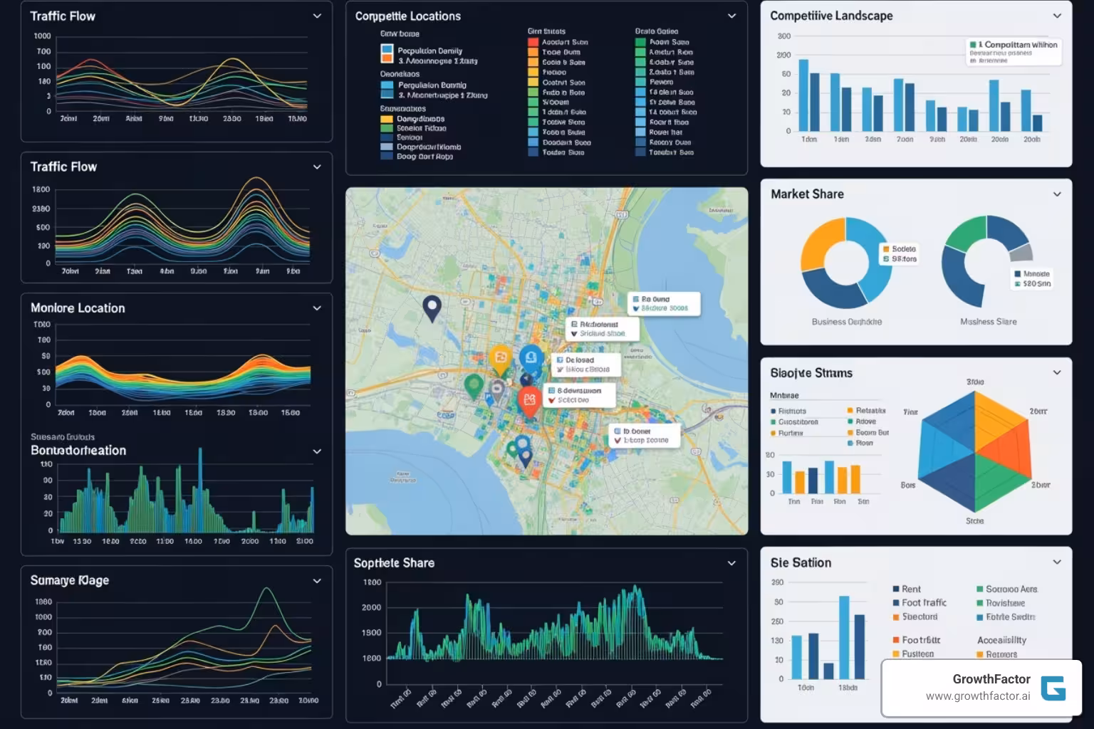 A dashboard showing various site selection factors like demographics, traffic, and competition, providing a comprehensive view for decision-making - site selection strategy