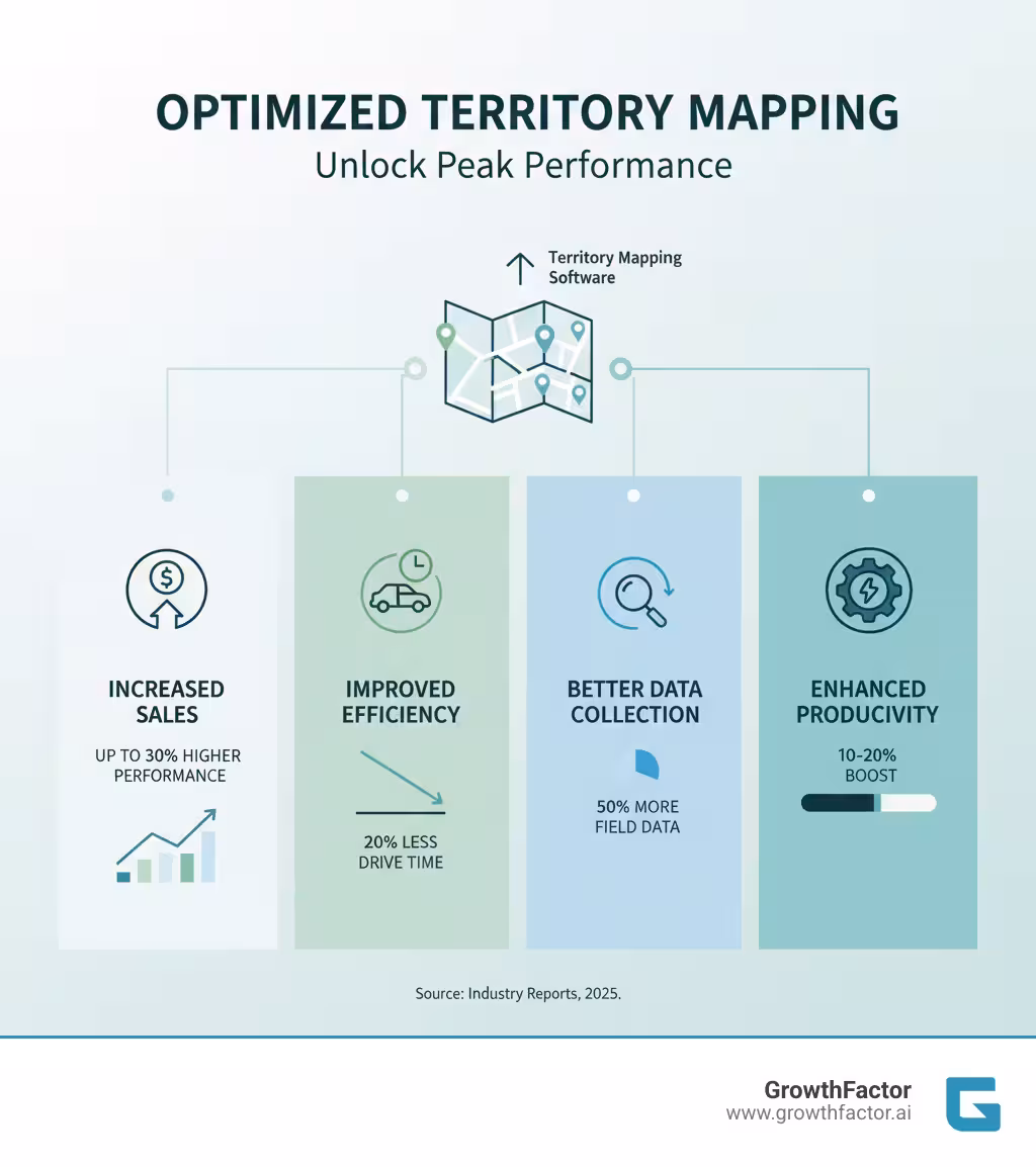 Infographic showing how optimized territory mapping leads to increased sales (up to 30% higher performance), improved efficiency (20% less drive time), better data collection (50% more field data), and enhanced productivity (10-20% boost) - territory mapping software infographic