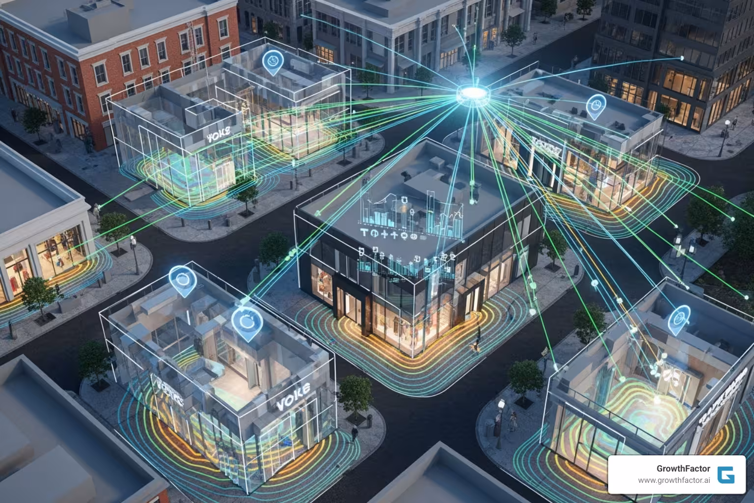 Image of a map comparing two potential retail sites with data callouts showing demographic overlays, foot traffic intensity, and competitor proximity - store location analytics