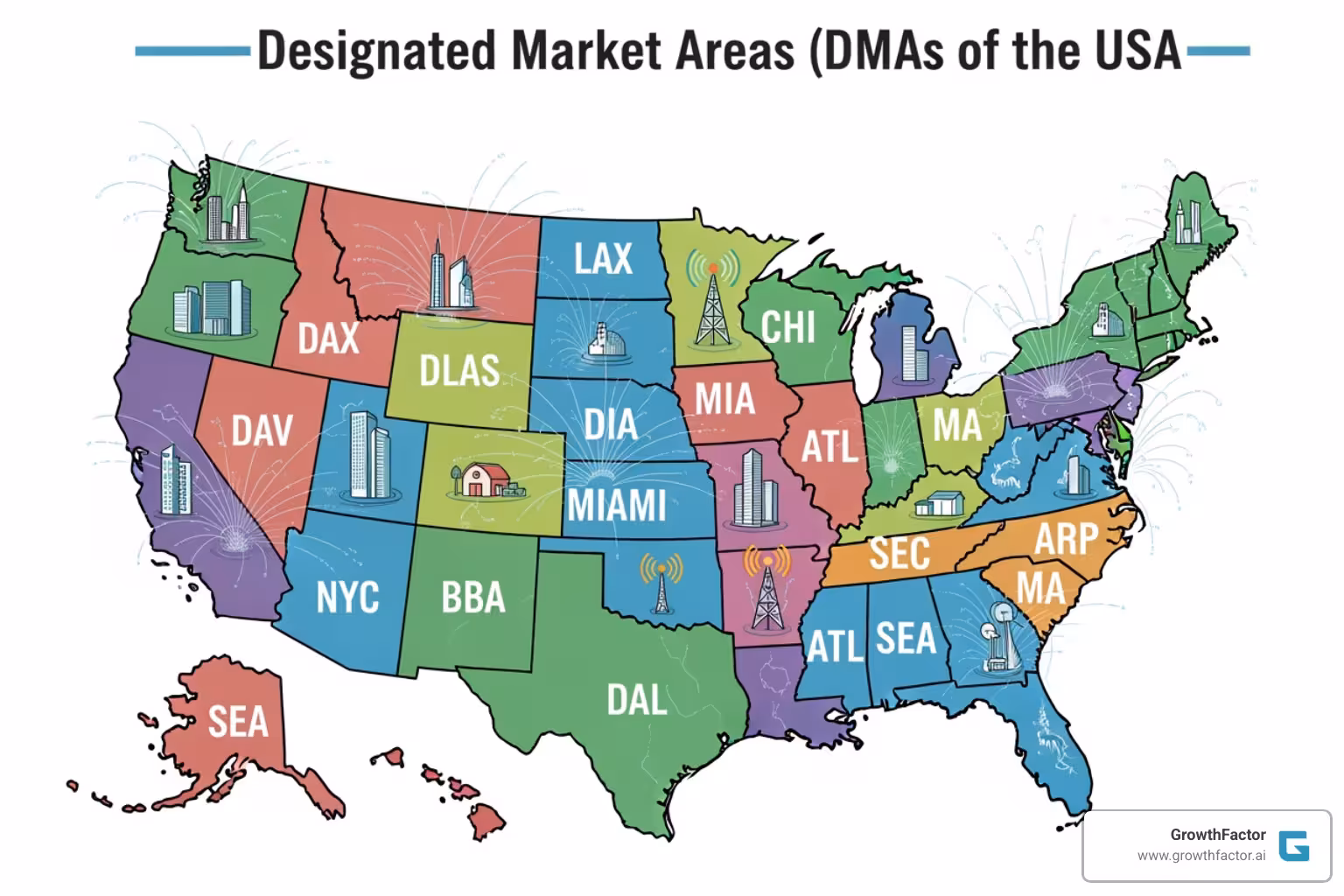 close-up on a specific DMA like New York or Los Angeles, highlighting the counties it includes - what is a designated market area