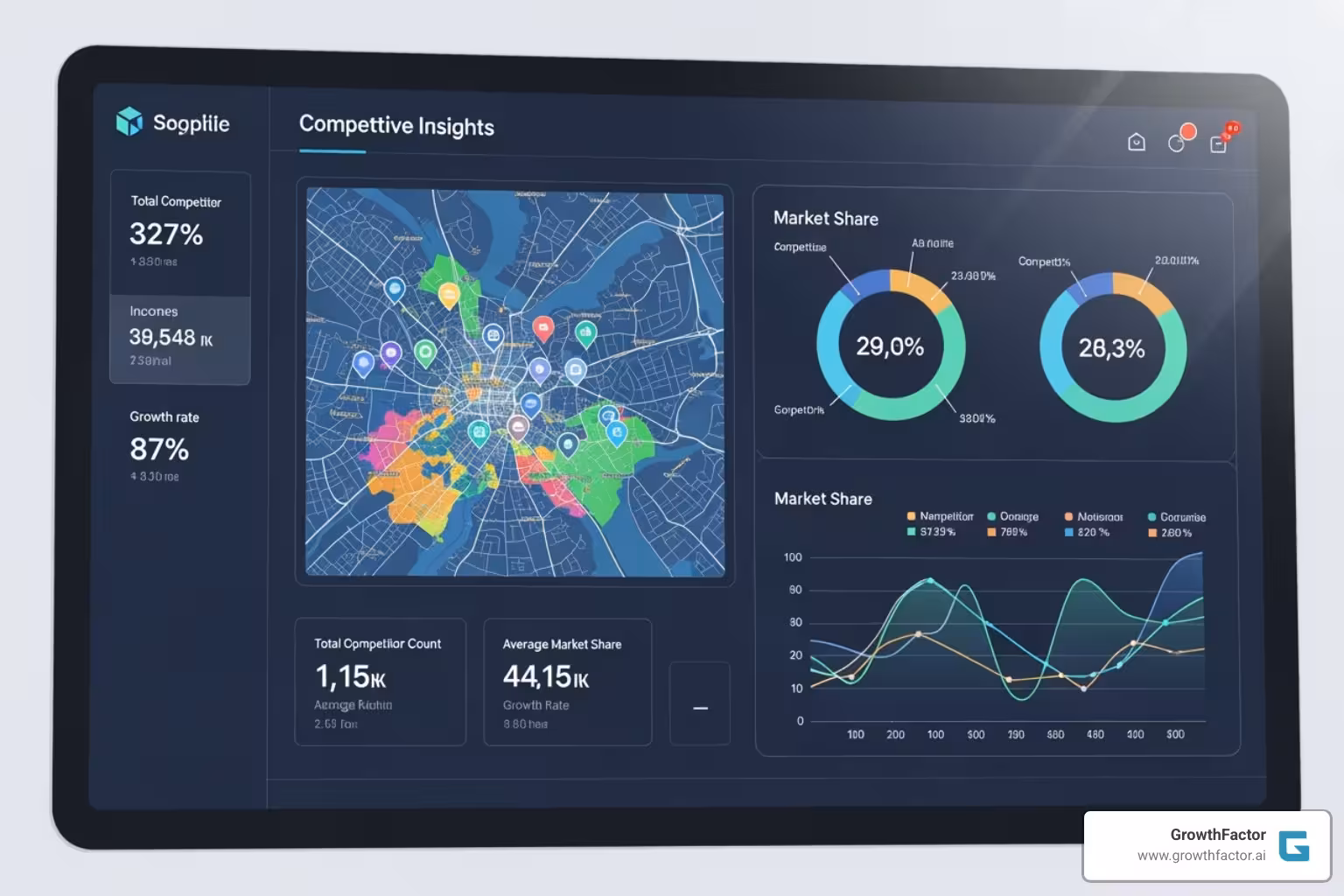A dashboard showing competitive insights and market opportunities, including market share analysis, competitor locations, and demographic overlays to identify growth areas. - trade area