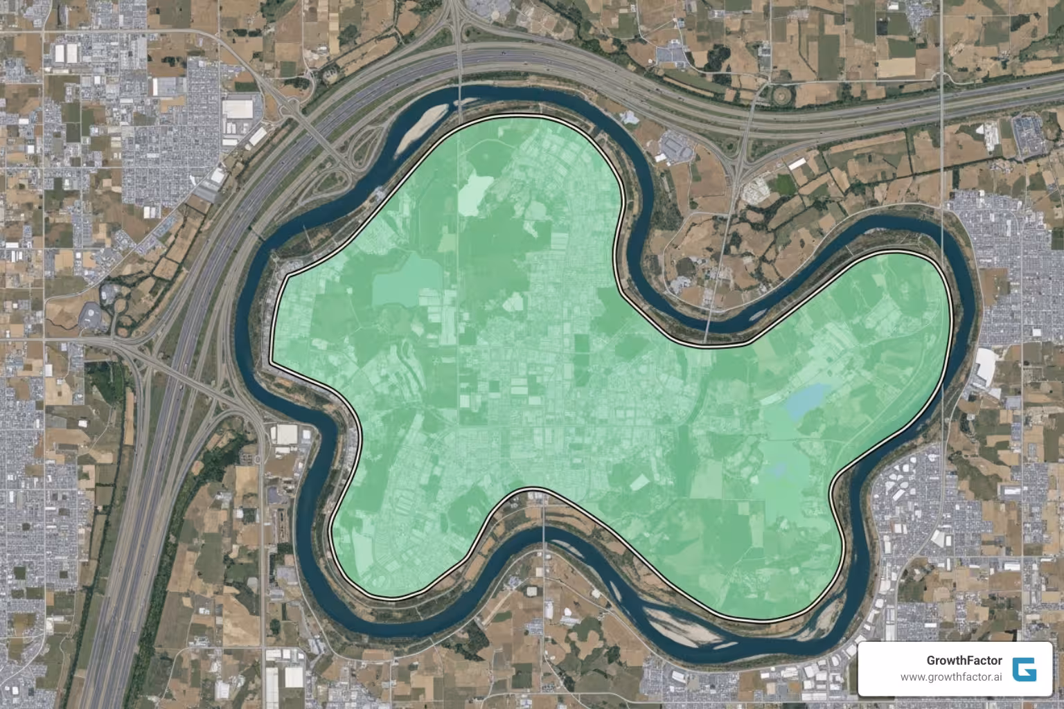A map showing a trade area distorted by a highway and a river, illustrating how physical barriers and infrastructure can influence the shape and accessibility of a geographic market for a business. - trade area