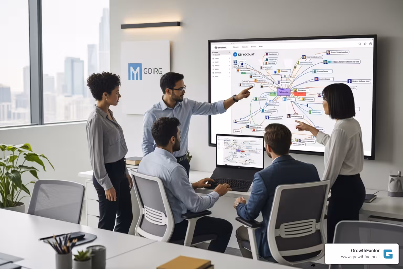 A sales team collaborating around a digital relationship map, highlighting connections and strategic targets within a key account. - whitespace sales