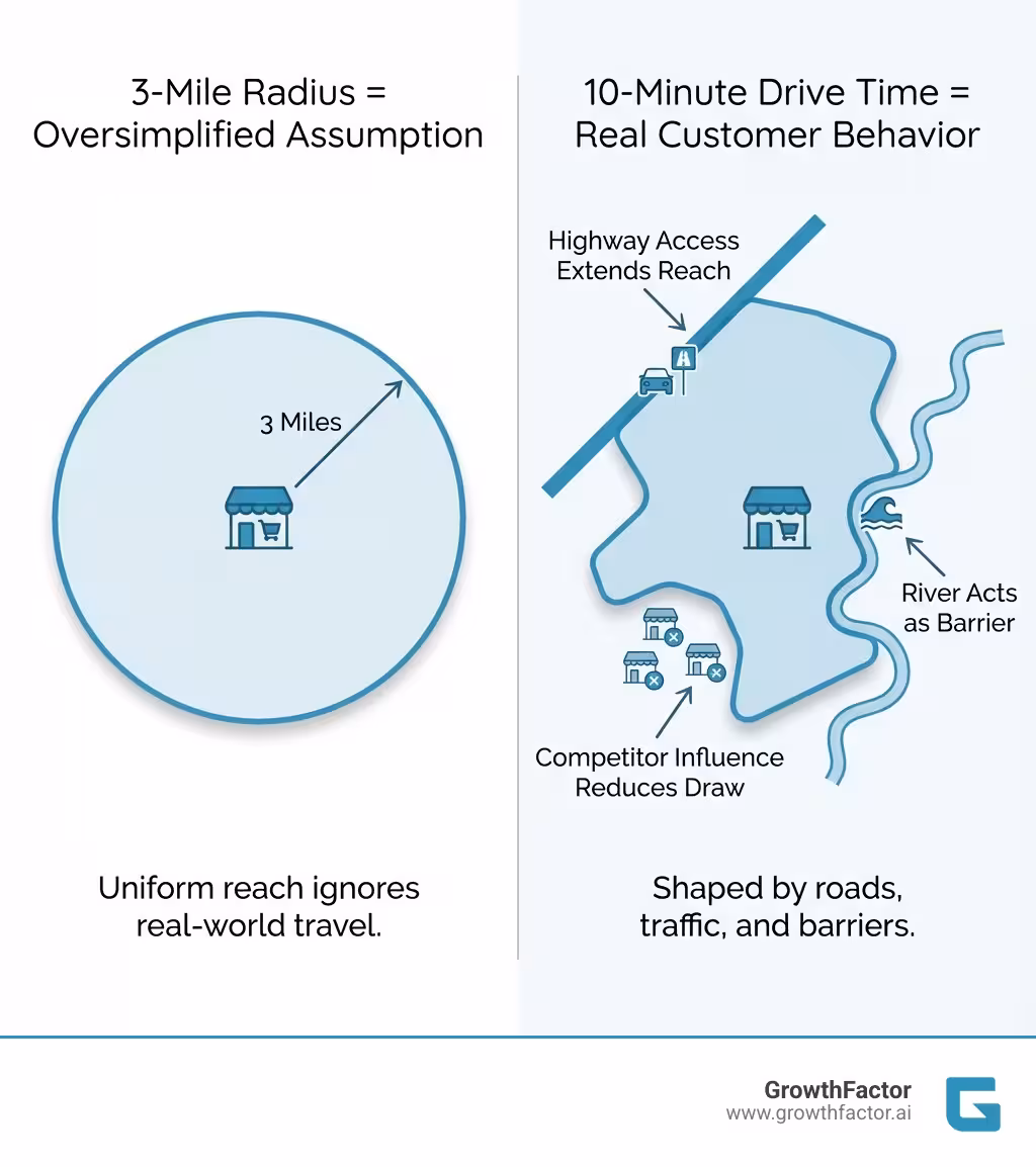 Infographic showing a comparison: left side displays a simple 3-mile radius circle around a store location with text '3-Mile Radius = Oversimplified Assumption,' right side shows an irregular 10-minute drive-time polygon shaped by roads and barriers with text '10-Minute Drive Time = Real Customer Behavior.' Arrows point to key differences: highways, rivers, and competitor locations that impact the actual trade area shape. - what is a trade area infographic 