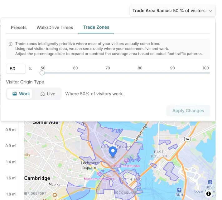GrowthFactor platform showing a traditional origin radius trade area drawn around a retail location