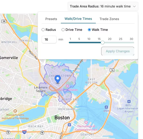 GrowthFactor platform showing a walk-time trade area analysis, useful for capturing the immediate walkable neighborhood around a location