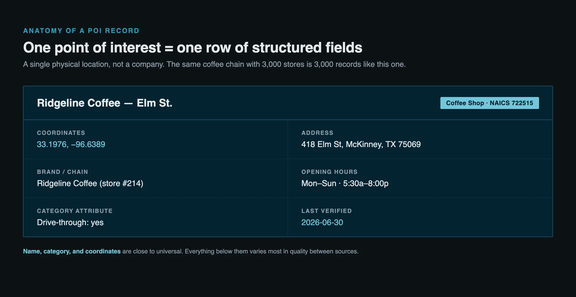 Anatomy of a single POI record shown as a labeled data card for one coffee shop, listing its name, category, latitude and longitude, full address, brand or chain affiliation, opening hours, and category-specific attributes like drive-through availability.