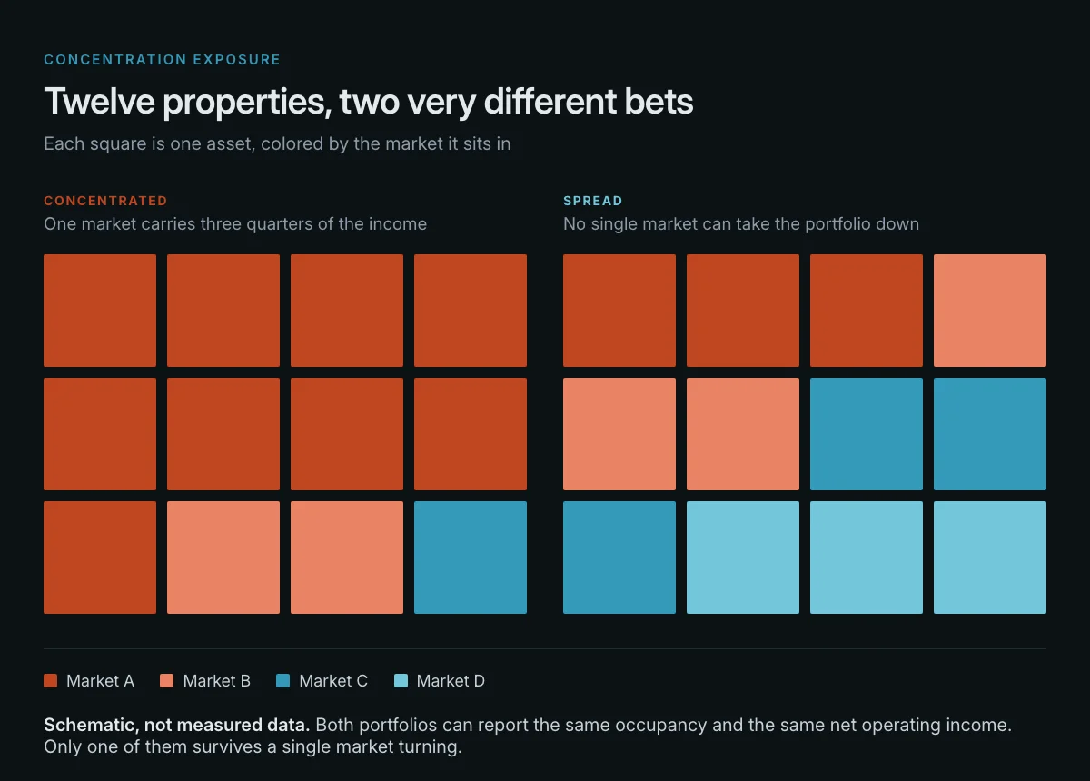 Two grids of twelve squares each representing one property, showing a concentrated portfolio where nine assets sit in a single market against a spread portfolio with three assets in each of four markets