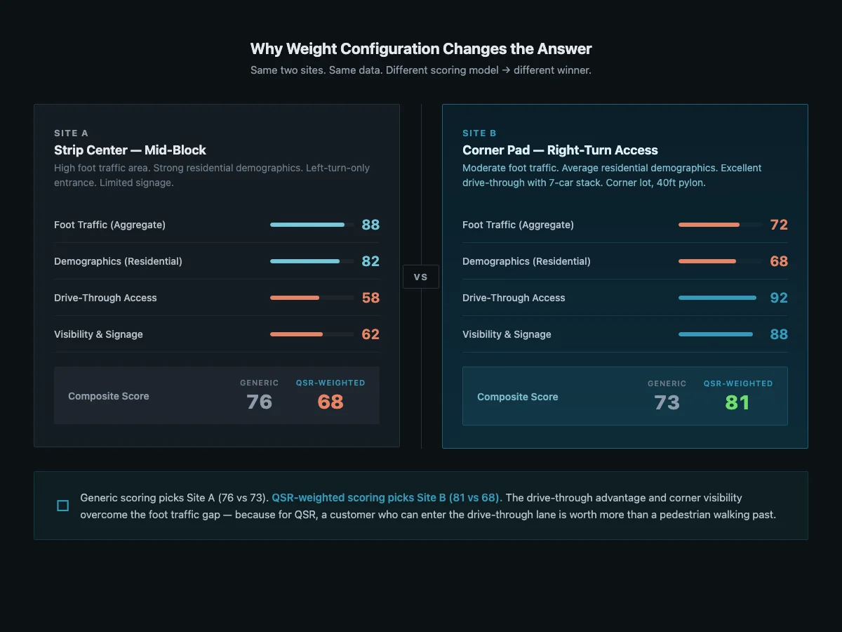 Side-by-side comparison of Site A versus Site B showing how generic scoring picks Site A while QSR-weighted scoring picks Site B