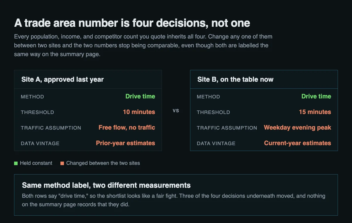 Two site cards side by side showing that both were measured with a drive-time method, while the threshold, traffic assumption, and data vintage all differ between them, with a note that the summary page records none of those differences.