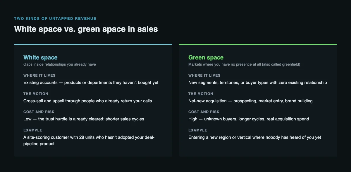 Side-by-side comparison of white space and green space in sales: white space is unsold products inside existing accounts with lower cost and risk, while green space is markets with no existing presence, a net-new acquisition motion, and higher cost and risk