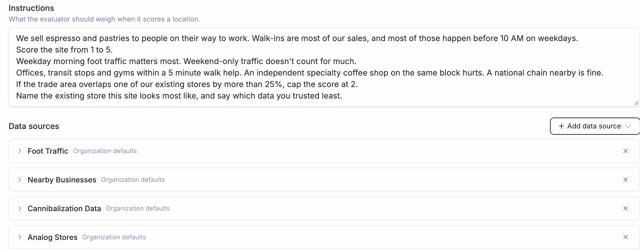 The evaluator's brief in plain language, ending with: say which data you trusted least. Below it, its four data sources: Foot Traffic, Nearby Businesses, Cannibalization Data and Analog Stores.