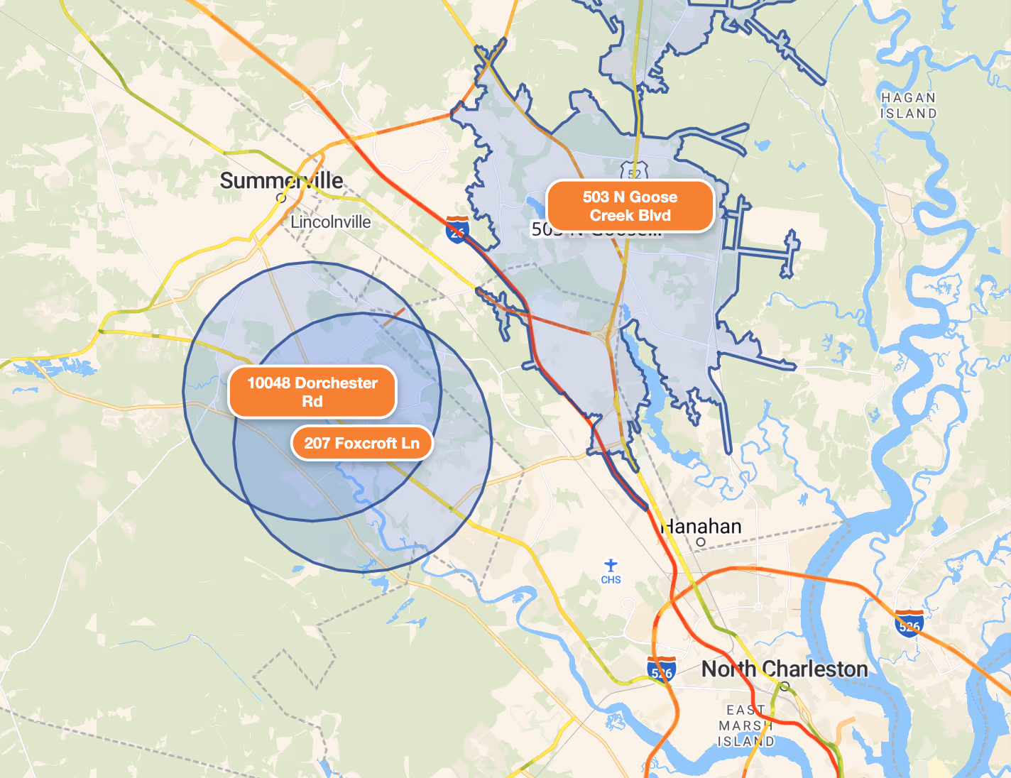 A Charleston study: two 3 mile rings around 10048 Dorchester Rd and 207 Foxcroft Ln sit on top of each other, beside a 12 minute drive zone around 503 N Goose Creek Blvd.