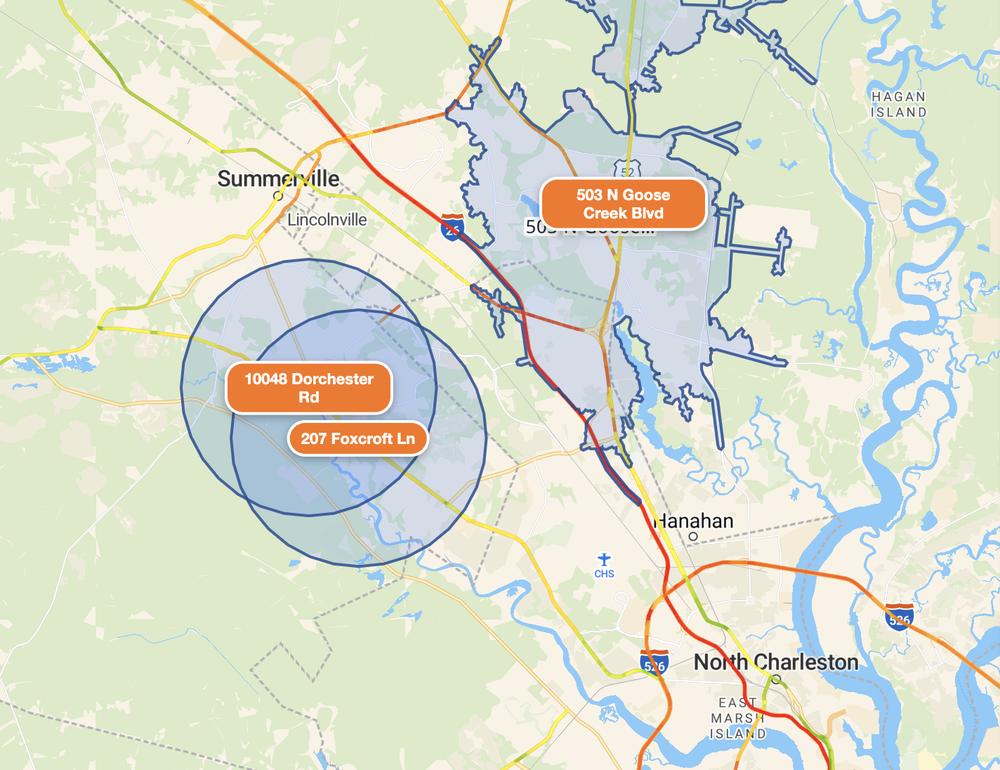 A Charleston study: two 3 mile rings around 10048 Dorchester Rd and 207 Foxcroft Ln sit on top of each other, beside a 12 minute drive zone around 503 N Goose Creek Blvd.