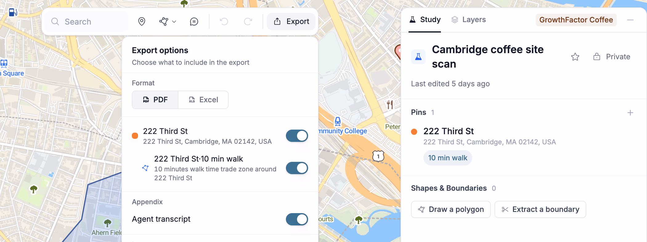 Export options for a Cambridge study: PDF or Excel, the 222 Third St pin and its 10 minute walk zone switched on, and the agent transcript added as an appendix.