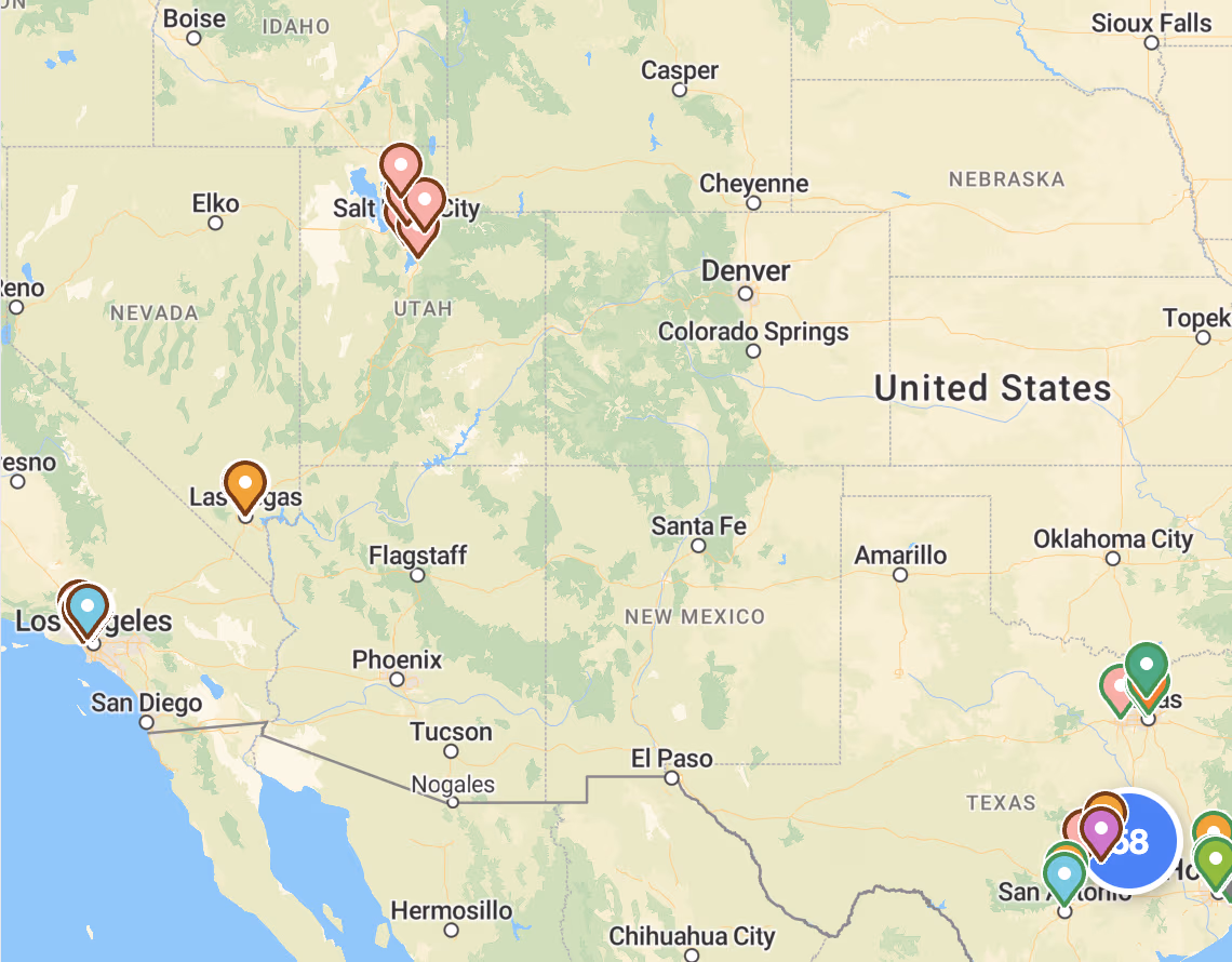 A GrowthFactor map of the western and southern US with store pins in Salt Lake City, Las Vegas, Los Angeles, Dallas, Houston and San Antonio.