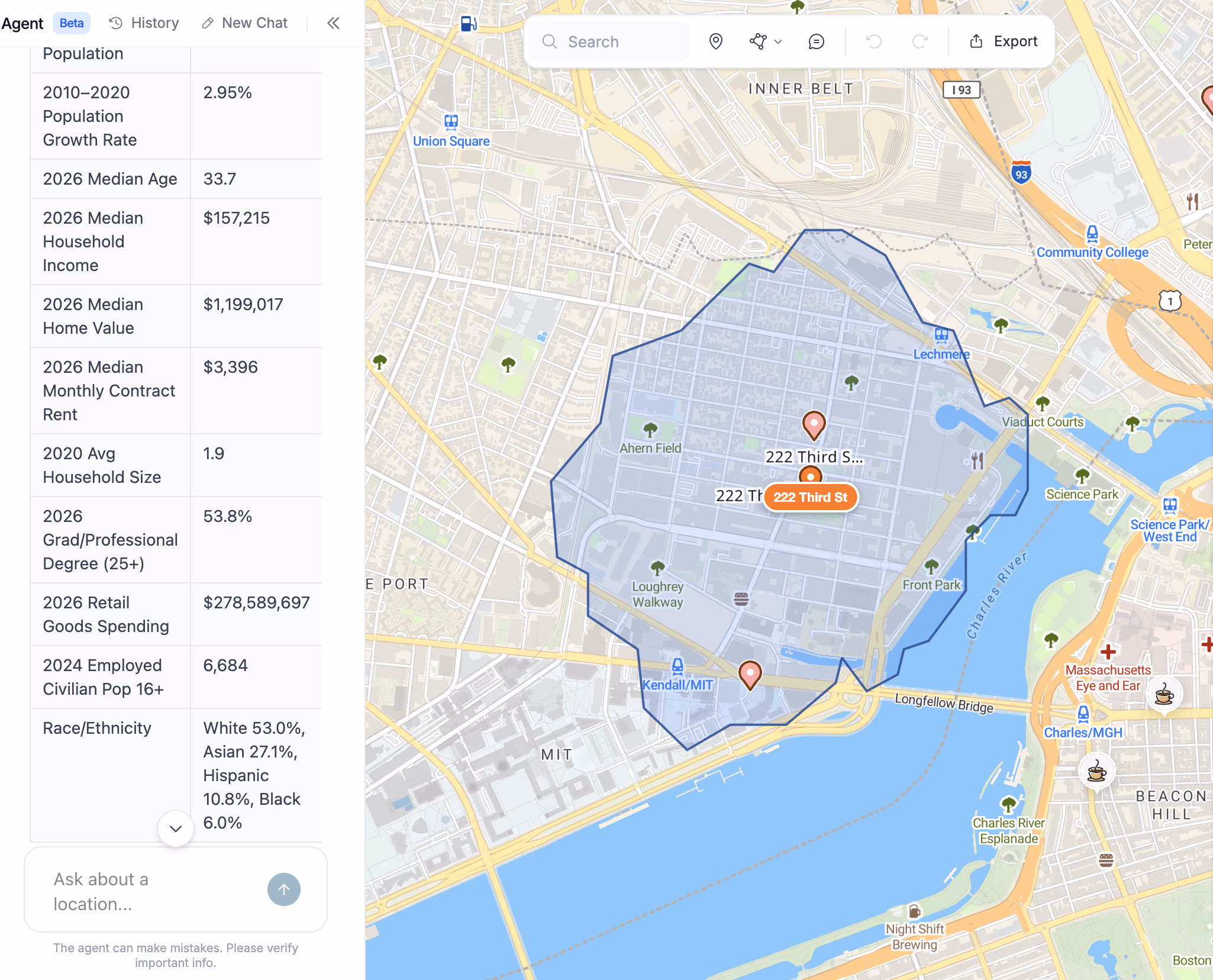 Demographics for a 10 minute walk around 222 Third St in Cambridge: median household income of $157,215, a median home value of $1,199,017 and 53.8% with a graduate degree, beside the walk zone on the map.
