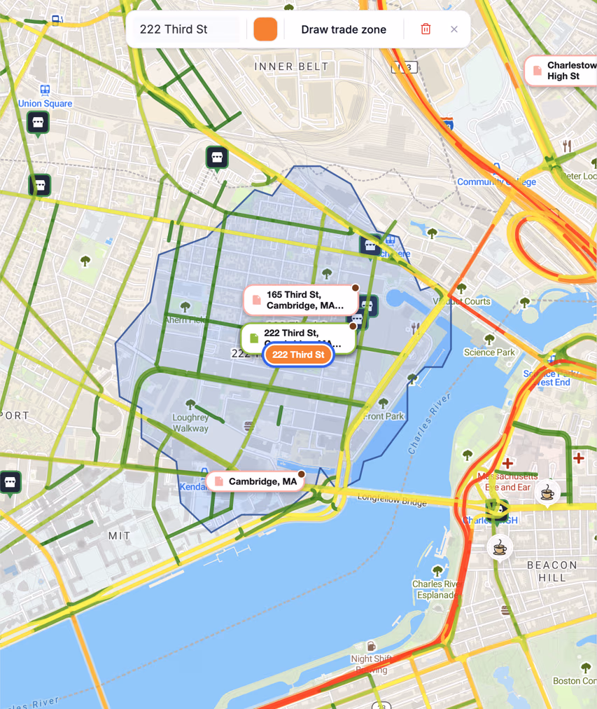 Cambridge roads colored by daily traffic, from green to red, with open listings and a 10 minute walk zone around 222 Third St.