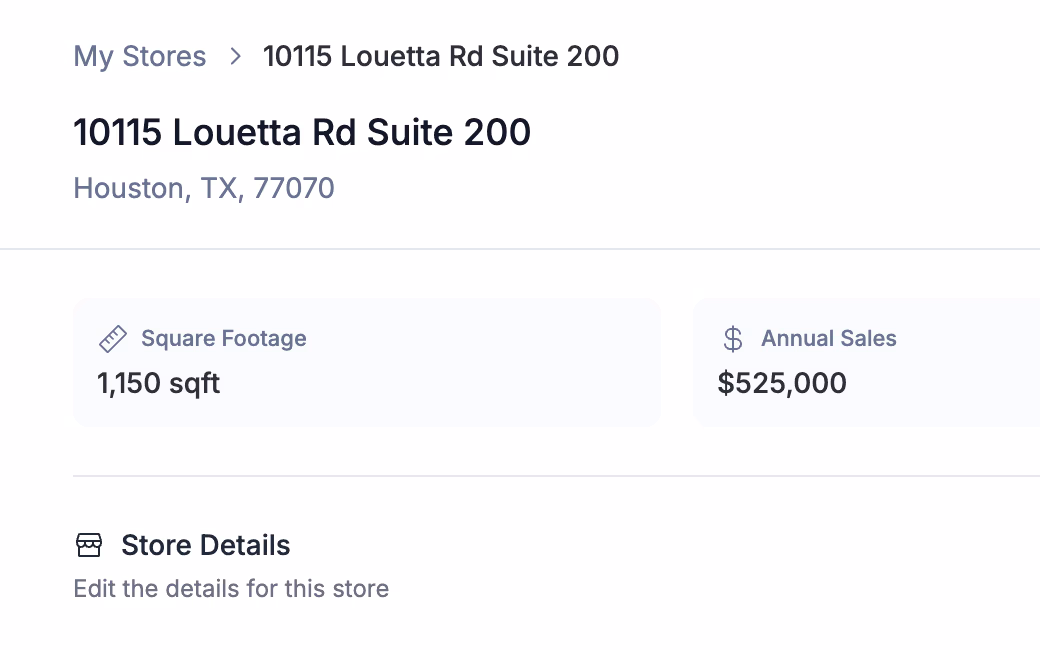 A store page in GrowthFactor: 10115 Louetta Rd in Houston, with its square footage and annual sales.