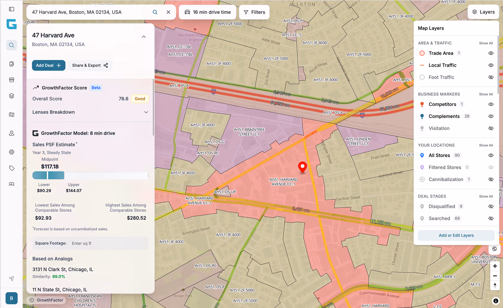 GrowthFactor site search — a trade-area map scoring candidate locations against the target profile