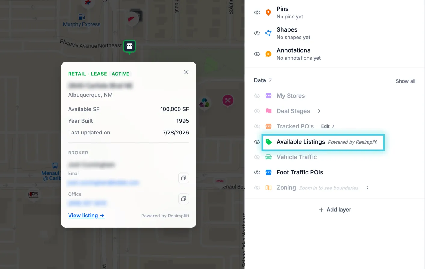 The Available Listings map layer in GrowthFactor, powered by Resimplifi, shown alongside data layers like My Stores, Deal Stages, and Foot Traffic POIs. An open listing card for a retail lease in Albuquerque, NM shows the available square footage, year built, last-updated date, broker contact details, and a link to the full listing.