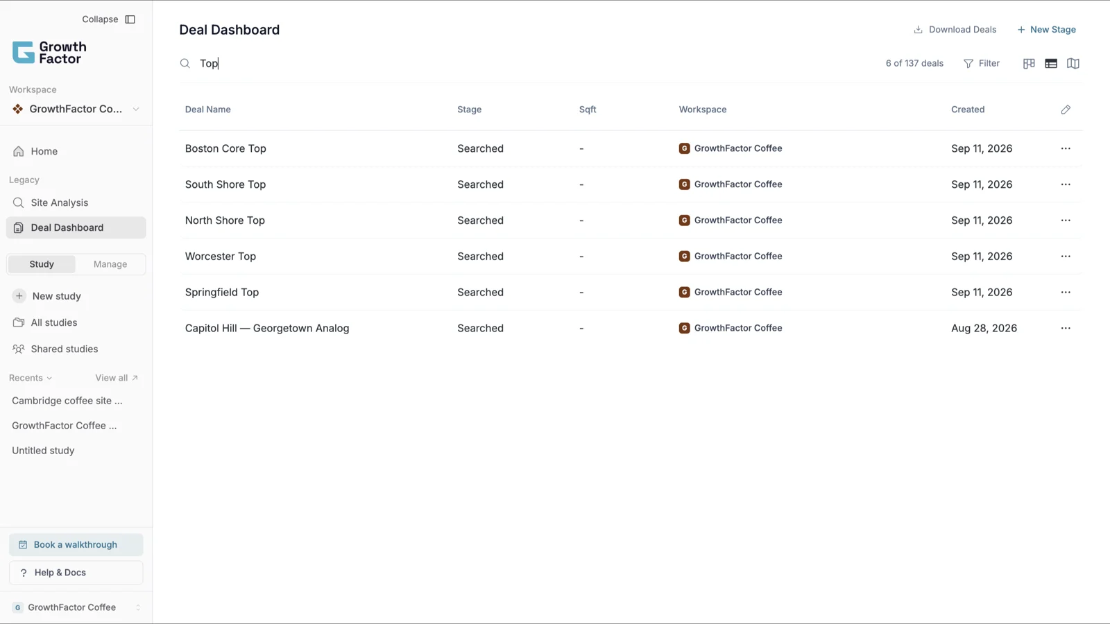 The GrowthFactor Deal Dashboard in table view: six deals with their stage, square footage, workspace and created date.