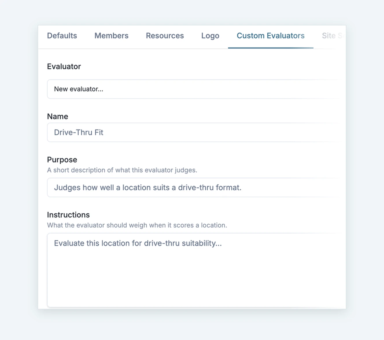 Setting up a Custom Evaluator in workspace settings: a name, a one-line purpose, and plain-language instructions. A workspace can hold several.