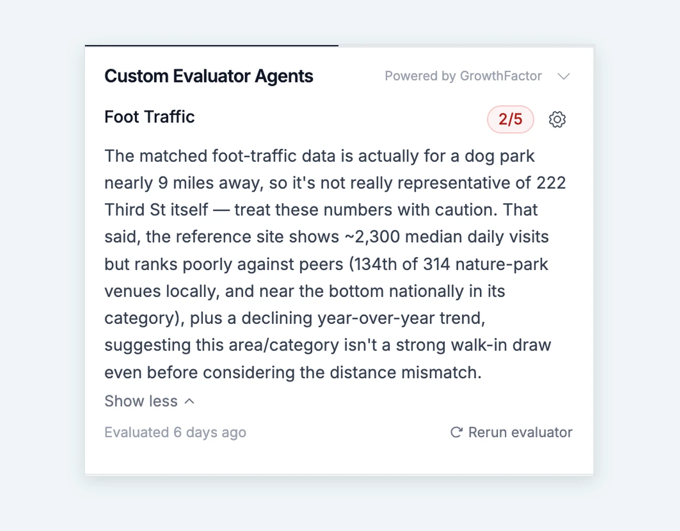 A Foot Traffic evaluator scores a Cambridge site 2/5, and its verdict flags that the matched foot-traffic data sits nearly 9 miles away.